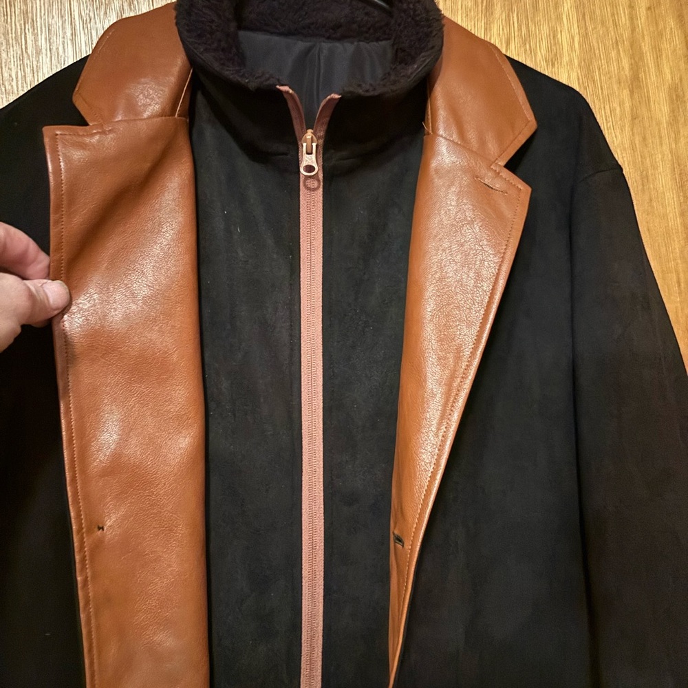 Men's Black Suede Coat with Brown Leather Trim - Picture 5 of 7